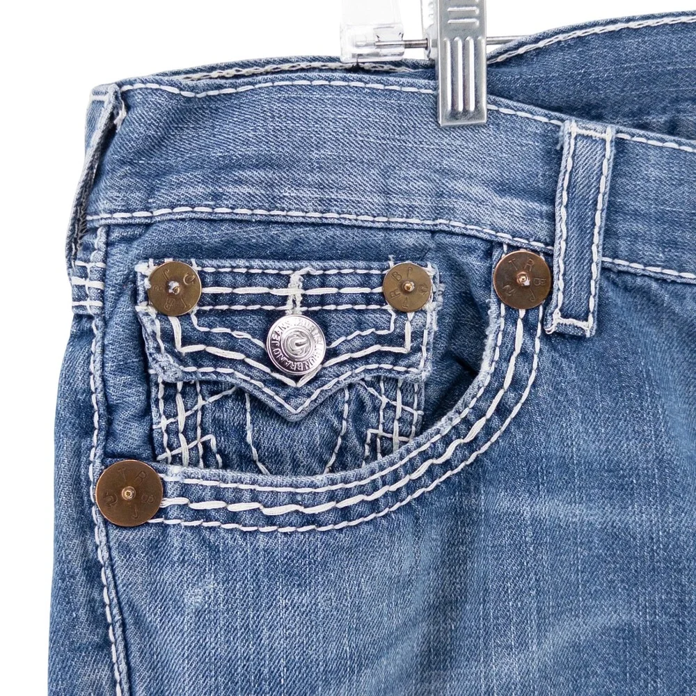 VTG Y2K True Religion Mens 38x33 Ricky Straight Jeans Blue Thick White Stitching